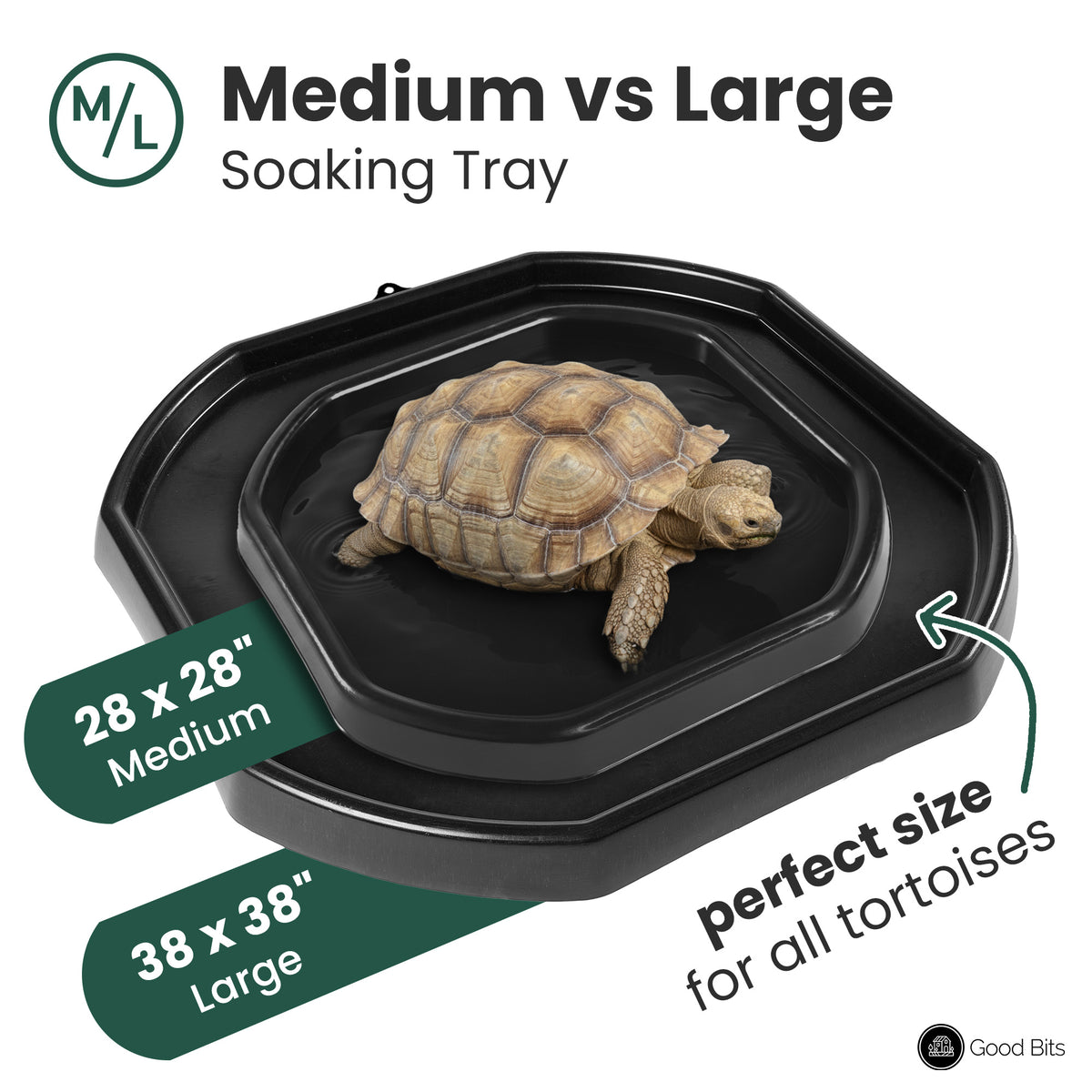 Size comparison of the black Good Bits tortoise soaking tray: Medium 28" x 28" vs Large 38" x 38"